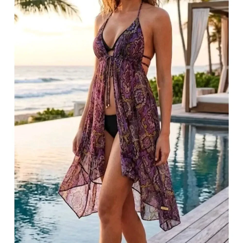 Victoria's Secret Women's Purple Paisley Tie Loose Swim Cover Up XS/S Coastal